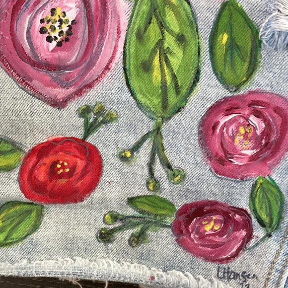 Artisan Hand Painted Abstract Flowers on Back Eighty-Two Denim Jacket Crop Med - Picture 6 of 9